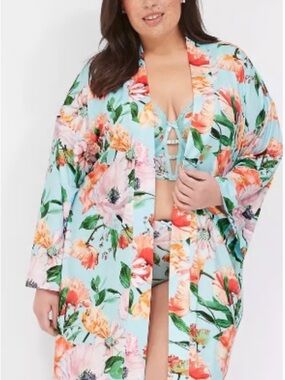 NWT Cacique Floral Satin Kimono Robe 22/24 Aqua Coral Plus Size